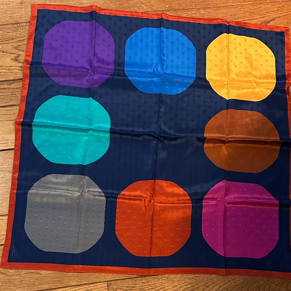 ELAINE GOLD Colorblock Polka Dot 100% Silk Scarf - Navy with Multicolor Circles